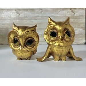 Vtg  PAIR ANTHONY Freeman McFarlin MCM Pottery Gold Leaf OWLS Figurines Signed